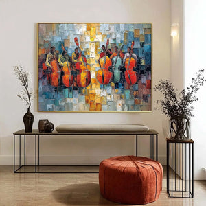 RHYTHM IN HUE: Textured Palette Knife Painting of a Cello Ensemble