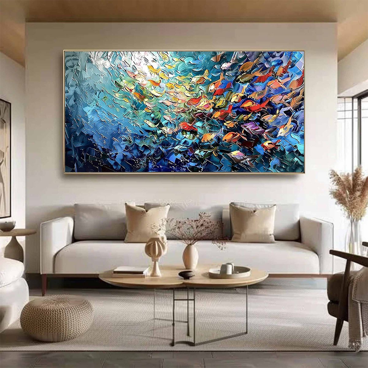 RIVER OF LIFE: Colorful Abstract Fish School Impasto Oil Painting