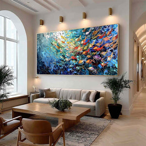 RIVER OF LIFE: Colorful Abstract Fish School Impasto Oil Painting