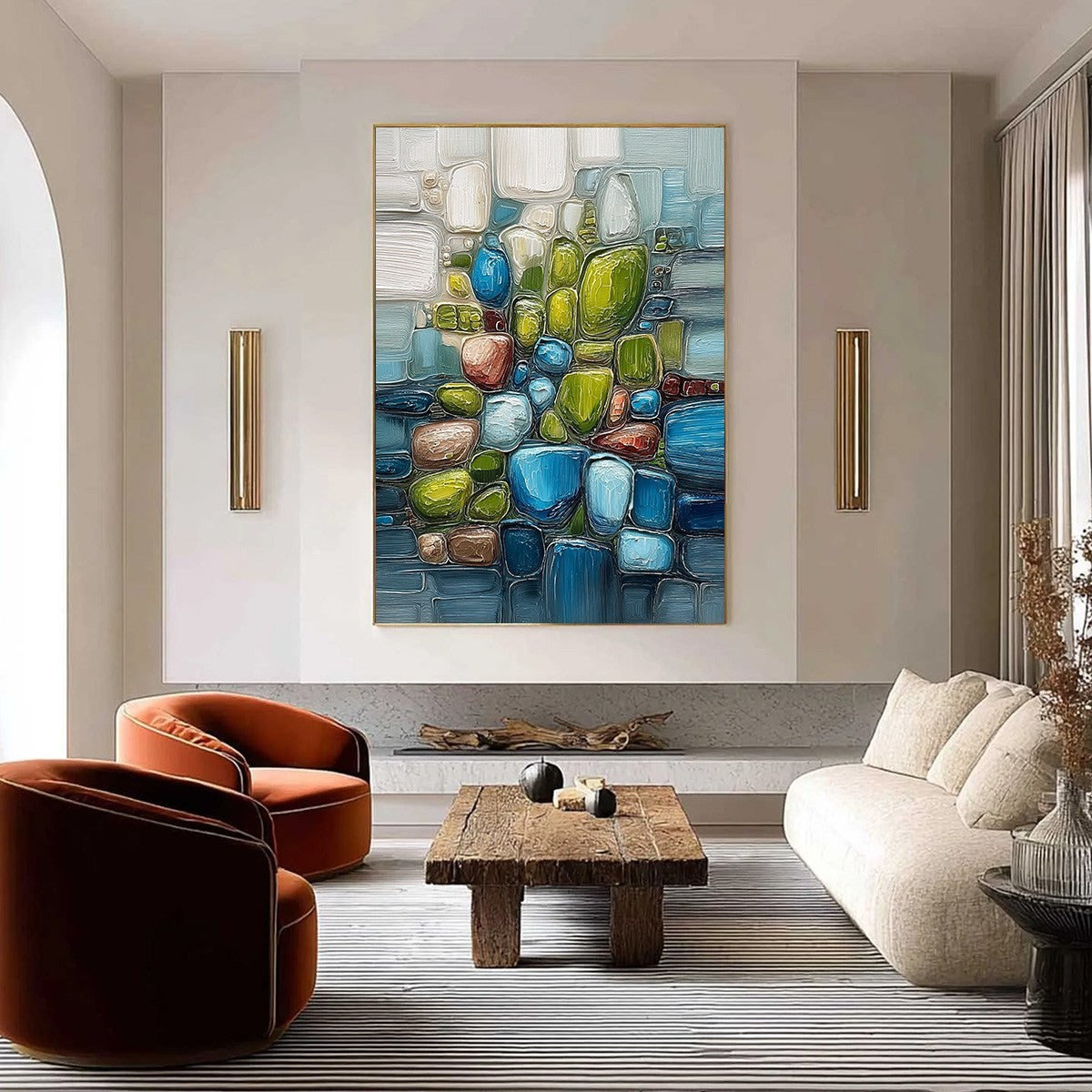 RIVERBED GEMS: Textured Vertical Abstract Impasto Wall Art