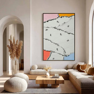 'Riverbeds' original textured abstract wall art with impasto, pink, orange, blue accents.