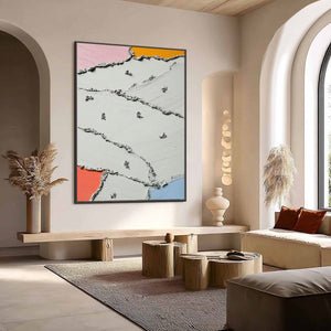 RIVERBEDS textured impasto abstract painting, neutral base with vibrant color accents.