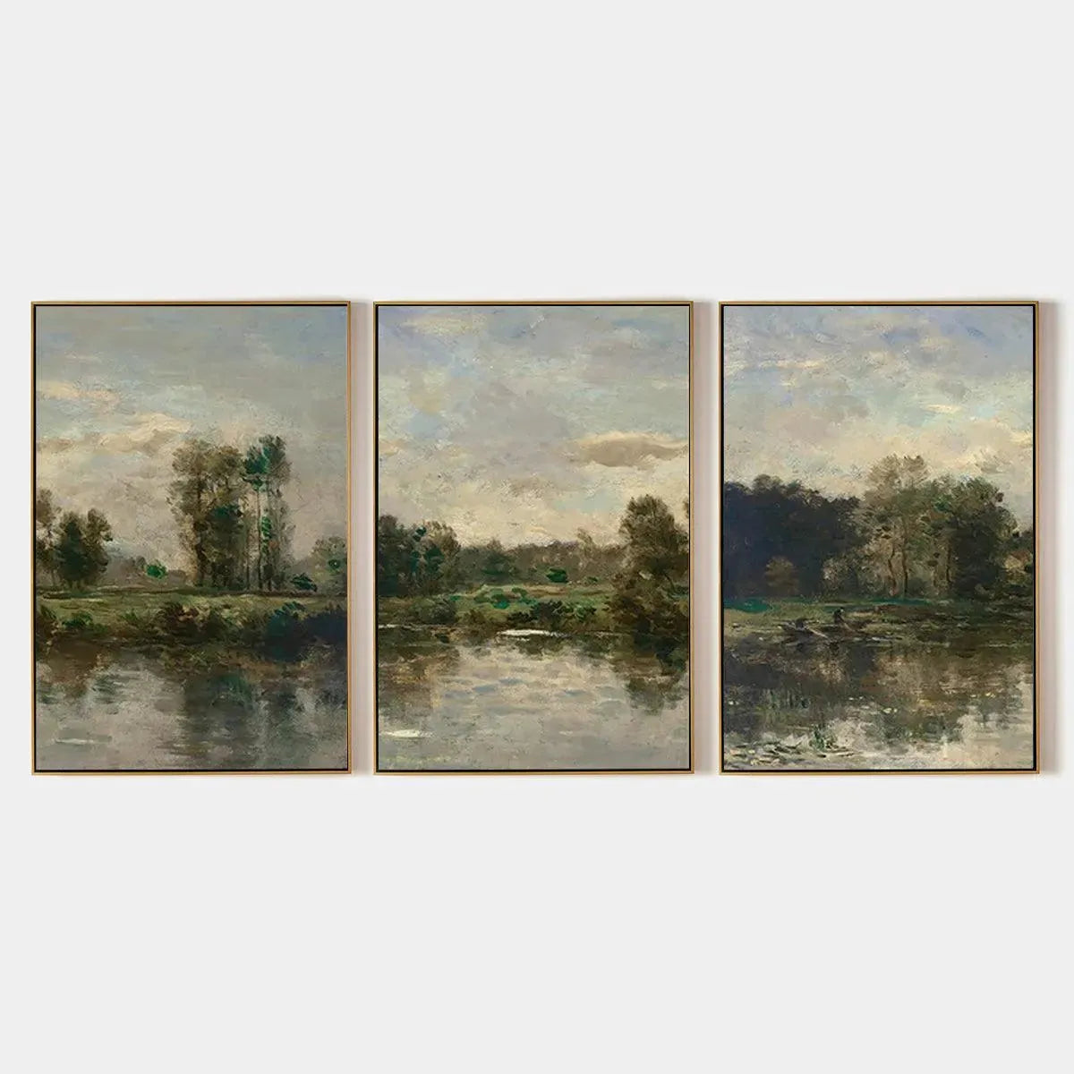 Chen Liu - Riverside Triptych: Set of 3 landscape paintings. Traditional Chinese art, serene riverside view, framed.