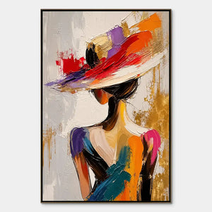 Colorful fashion portrait painting with abstract woman in hat, textured modern wall art