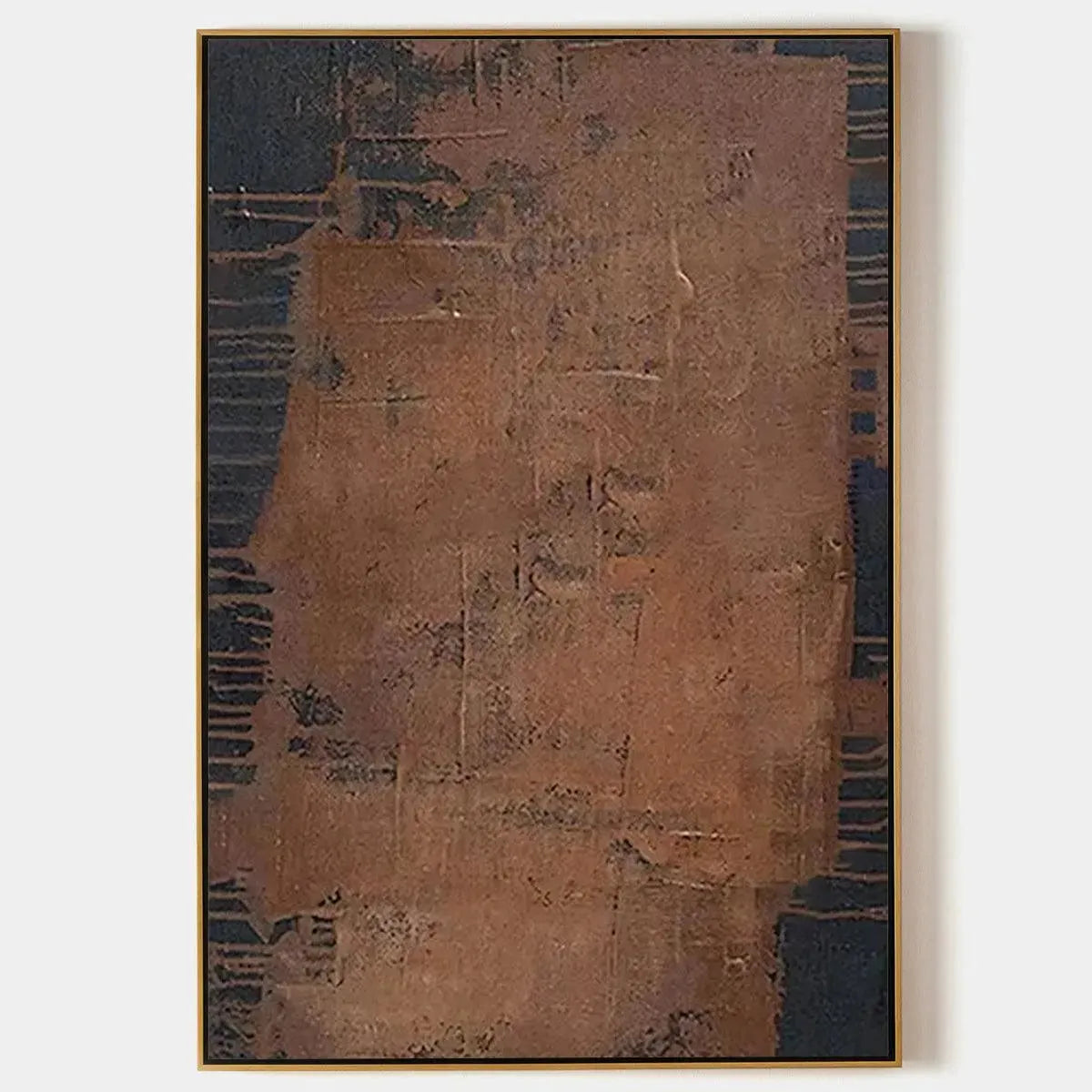 Textured abstract painting in brown and dark gray by Javier Ramirez, vertical artwork with gold frame