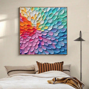 RAINBOW BURST by Isabella Rossi, impasto artwork with rainbow colors, square canvas, adds energy to the bedroom.