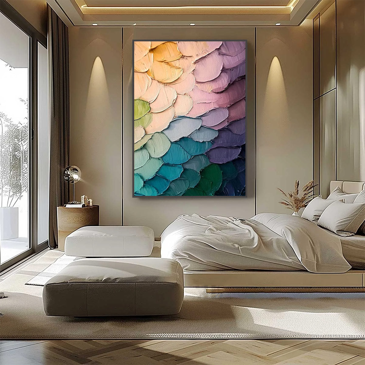 Rainbow Scales impasto abstract colorful oil painting on canvas