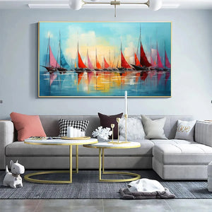 Regatta at Dawn: Panoramic Sailboat Painting | Colorful Sunrise | Beach & Sea | Living Room, Office, Hotel