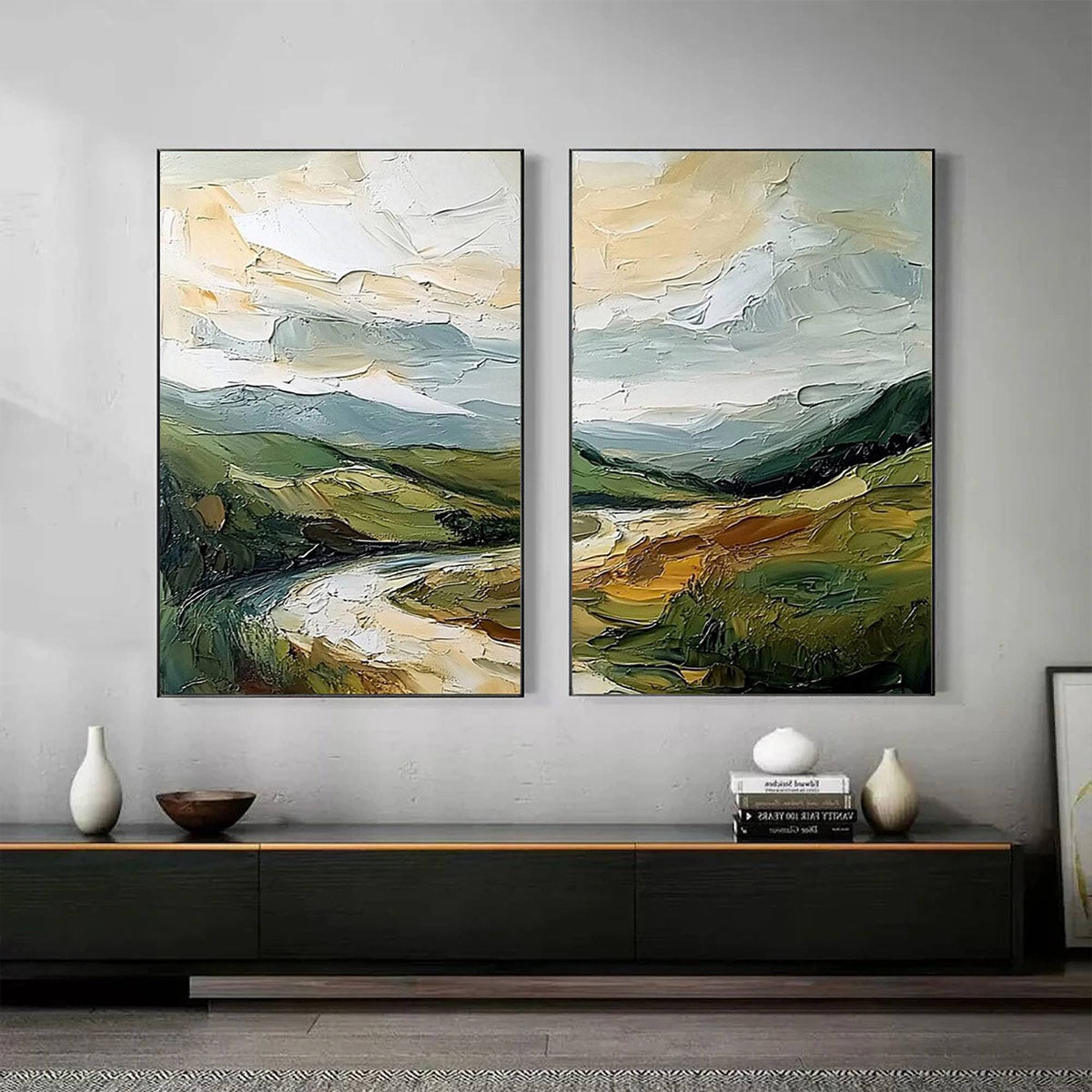 River Valley Duet impasto landscape diptych oil painting wall art