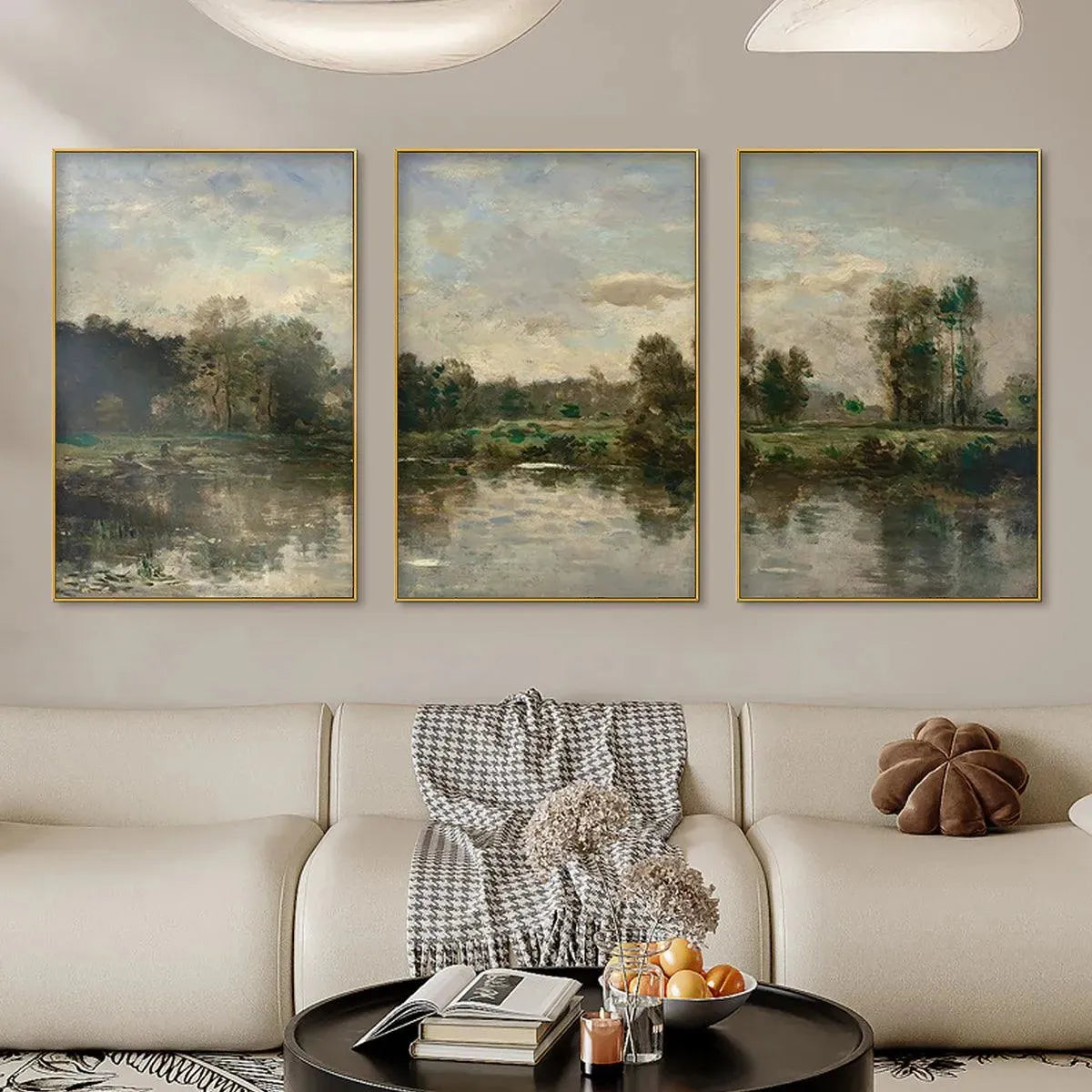 Chen Liu's Riverside Triptych: set of 3 landscape paintings, traditional Chinese art, serene riverside view, framed artwork.