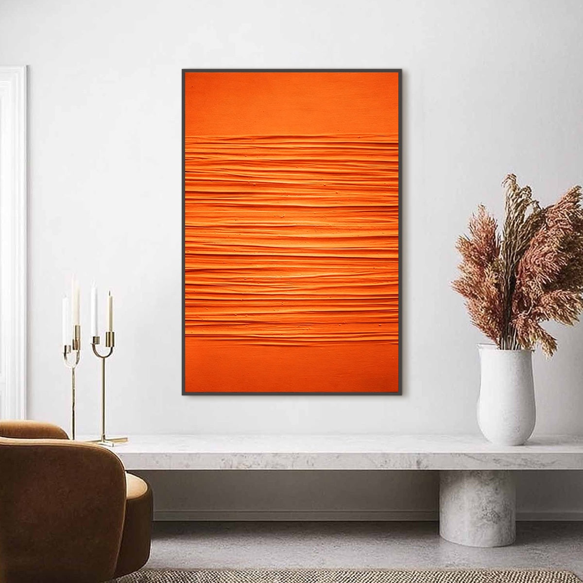 Vibrant Saffron Rhythm abstract painting with deep horizontal textures, original modern wall art.