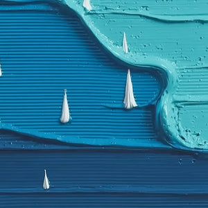 Original handmade abstract oil painting of textured sailboats on a deep blue seascape.