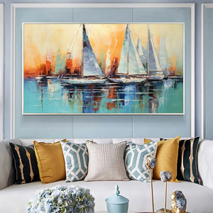 Panoramic Sailboat Painting, Coastal Wall Art, Blue, Orange, Living Room, Bedroom, Office