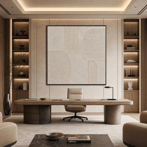 Large square textured Wabi Sabi abstract wall art in a modern beige office