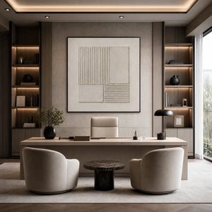 Textured Wabi-Sabi minimalist abstract painting in beige tones above a modern office desk