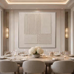 Textured beige Wabi-Sabi abstract wall art above elegant dining table