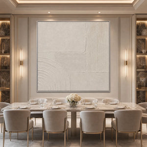 Textured beige Wabi Sabi abstract painting in elegant dining room