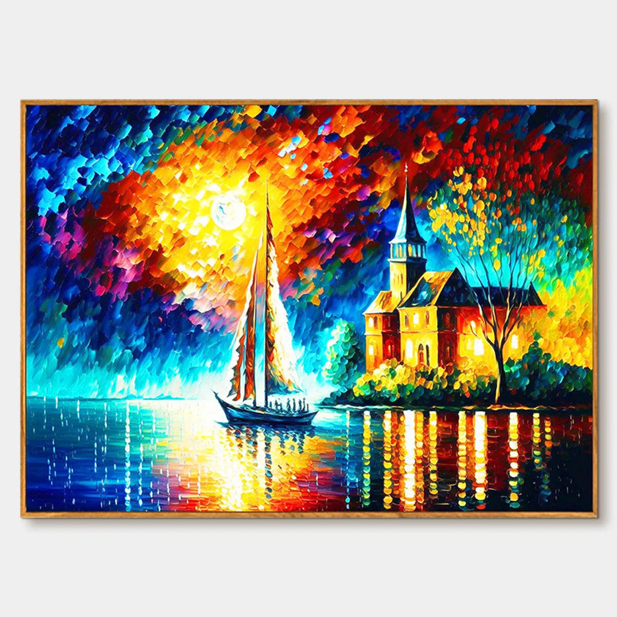 Coastal Landscape Oil Painting with Sailboat and Church