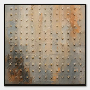 Textured neutral abstract wall art with raised beaded dots in beige, gray, and gold