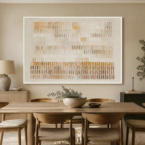 Beige linear texture abstract wall art with handmade relief marks displayed in a refined dining room.