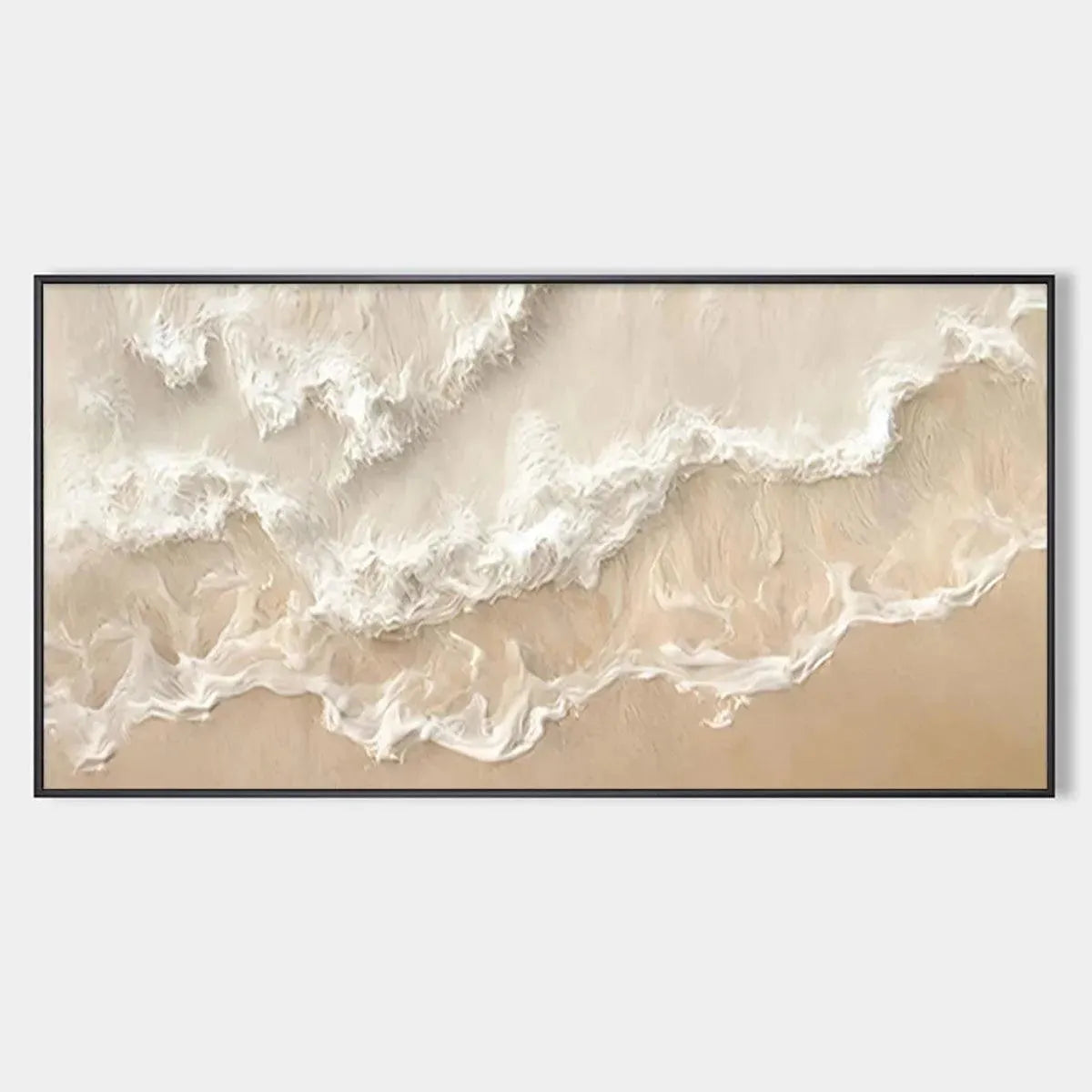 Sandy Whispers minimalist beach waves painting by Liam O'Connell, horizontal wall art with beige and white color, framed.