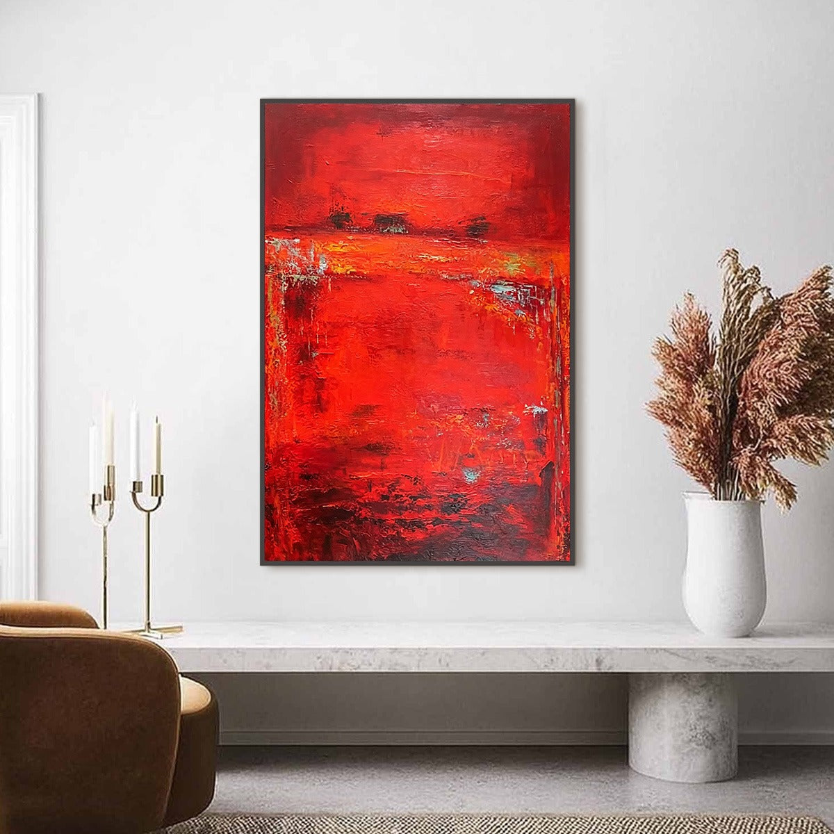 "Scarlet Horizon" large vertical original red abstract textured oil painting