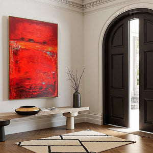 Scarlet Horizon: Large textured red abstract oil painting, original handmade wall art