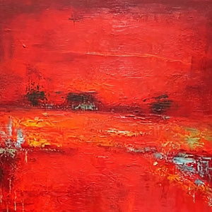 Scarlet Horizon: Vertical red abstract textured oil painting by Javier Ramirez.