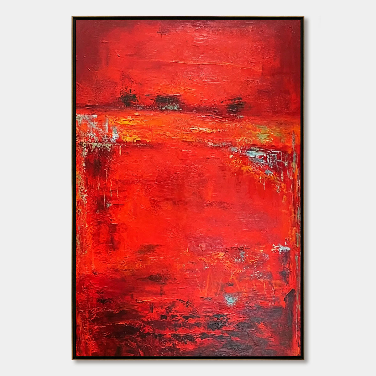 Large vertical textured red abstract oil painting, Scarlet Horizon original wall art.