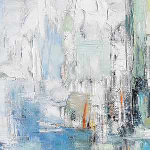 Textured abstract oil painting in white, blue and teal, inspired by a coastal city