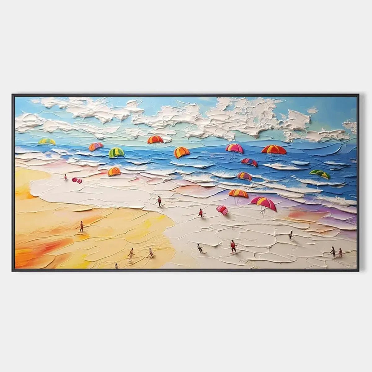 Seaside Celebration beach painting by Liam O'Connell, with colorful umbrellas and figures on the beach