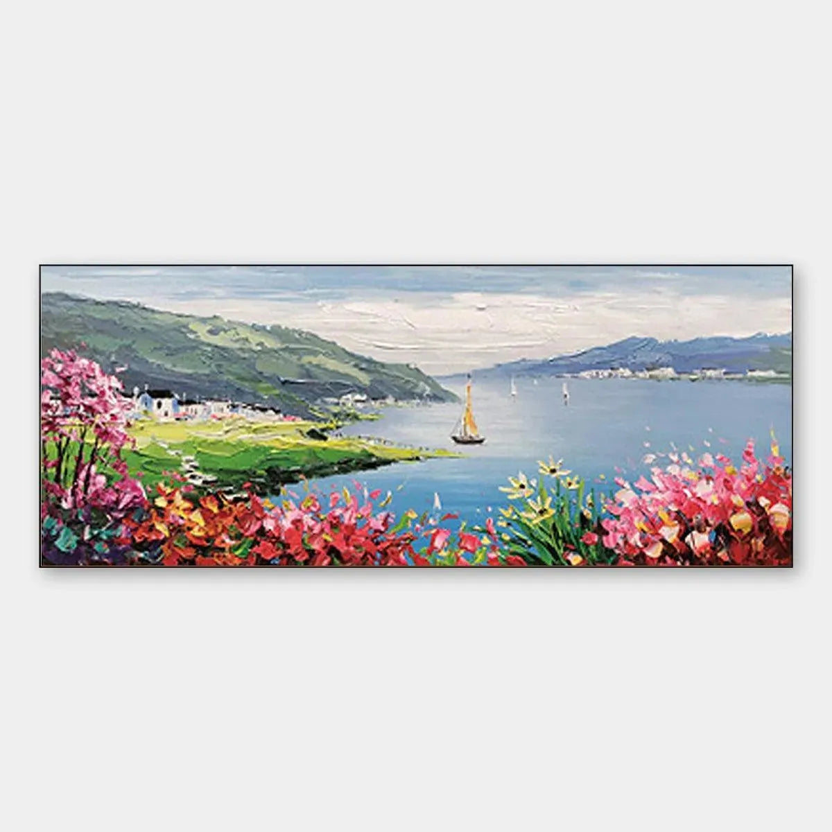 Seaside Charm original impressionist coastal painting with vibrant flowers, blue bay, sailboat, and green hills.