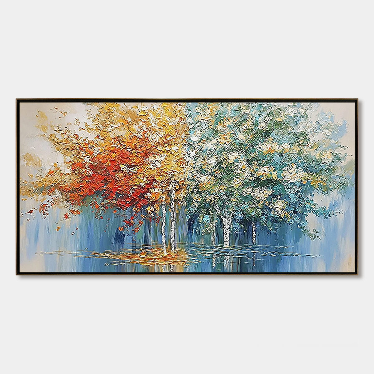 SEASONAL EMBRACE: Textured Palette Knife Forest Reflection Painting