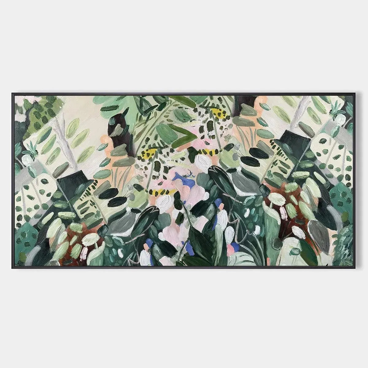 Panoramic green botanical oil painting "Secret Garden" by Elodie Dubois, impressionistic style.