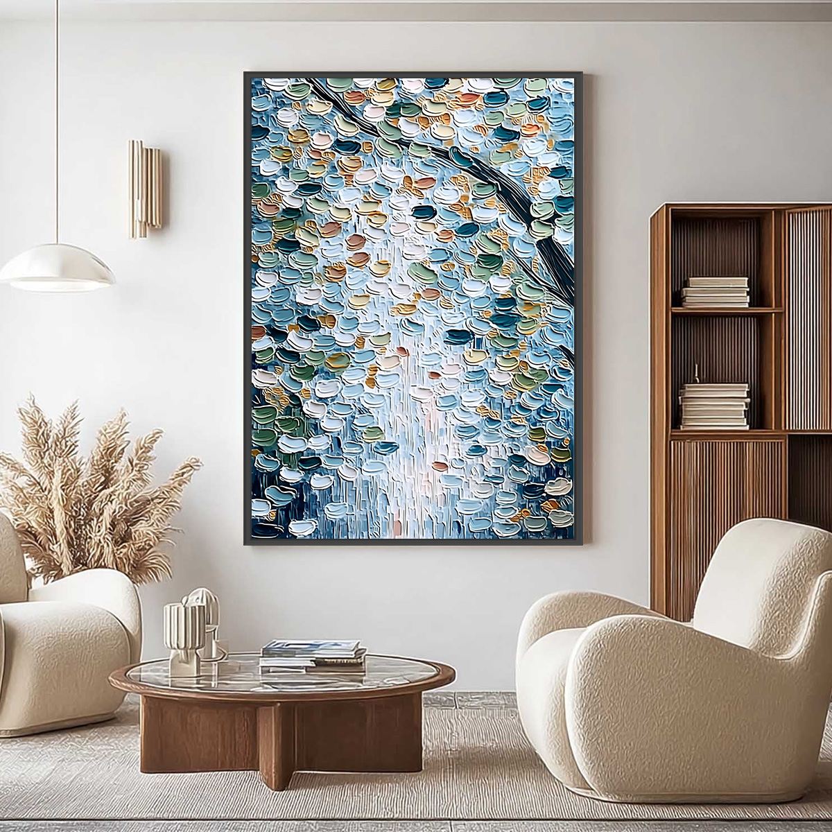 SERENE CASCADE: Textured Abstract Impasto Painting of Falling Leaves