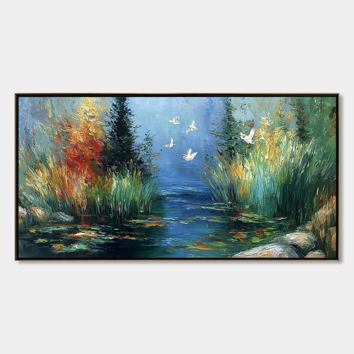 SERENE FLIGHT: Textured Impasto Landscape Painting of a River Sanctuary