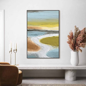 Original textured Wabi-Sabi abstract river landscape oil painting 'Serene Path'.