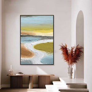 Original handmade abstract painting, Wabi-Sabi textured river landscape wall art.