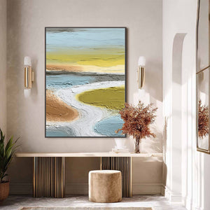 Textured handmade abstract painting: Serene Path Wabi-Sabi river landscape wall art.