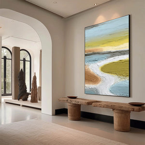 Modern wall art: Serene Path abstract river landscape, textured impasto oil painting.