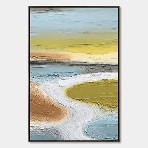 Modern wall art: Textured Wabi-Sabi abstract river landscape painting.