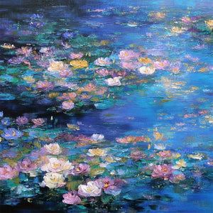 SERENE REFLECTIONS: Impressionistic Textured Water Lily Pond Oil Painting