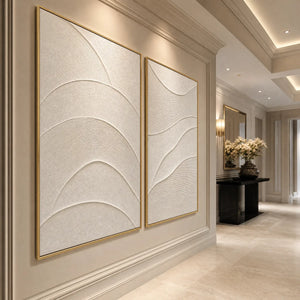 Minimalist textured Wabi Sabi wall art set in gold frames, cream abstract diptych