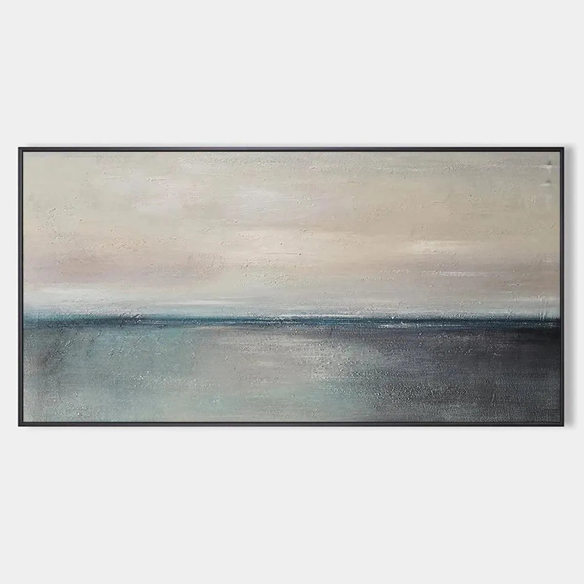 Serene Horizon painting by Liam O'Connell, framed panoramic seascape artwork with minimalist style and muted colors.