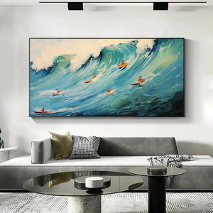 Panoramic Ocean Painting of Surfers on a Majestic Wave
