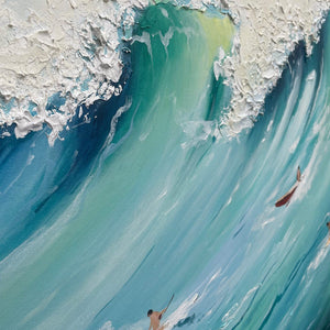 Panoramic Ocean Painting of Surfers on a Majestic Wave