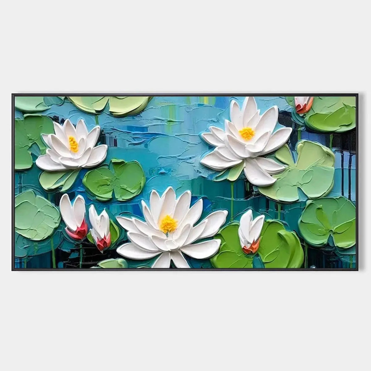 Isabella Rossi's Serene Lotus Pond painting. White water lilies, green lily pads, blue water. Textured impasto wall art.