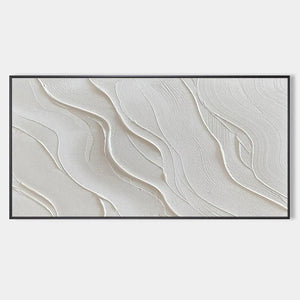 Serene Ripples textured white abstract art. Horizontal minimalist with flowing wave patterns in black frame.