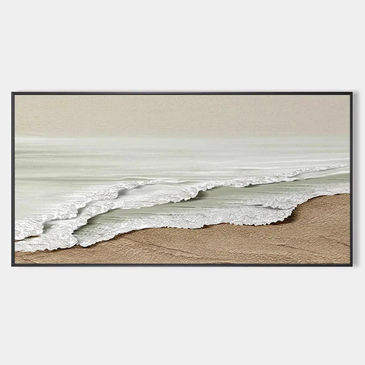 Liam O'Connell's Serene Shore painting: textured coastal landscape with beige waves and sandy shore, framed.