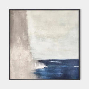 Serene Shore minimalist abstract coastal painting by Javier Ramirez, blue and beige tones, modern art for home decor.